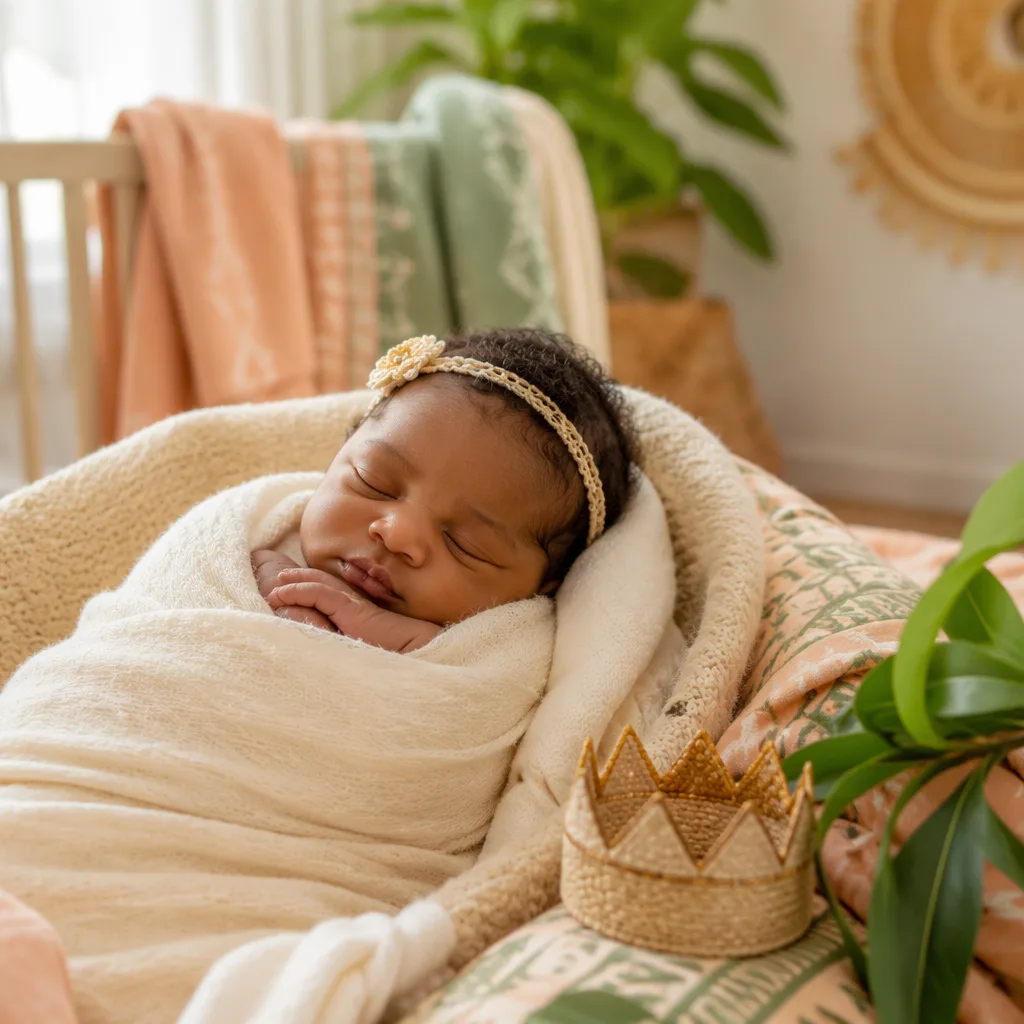 A swaddled newborn in a soft pastel nursery with Yoruba-inspired decor and a gentle crown motif.