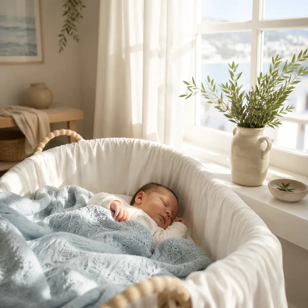 A peaceful newborn in a sunlit pastel nursery with subtle Greek-inspired details.