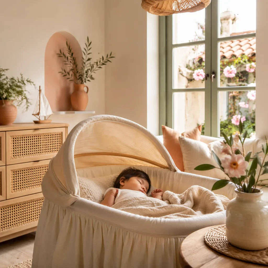 A peaceful Filipino baby sleeping in a soft pastel nursery with flowers and warm natural light.