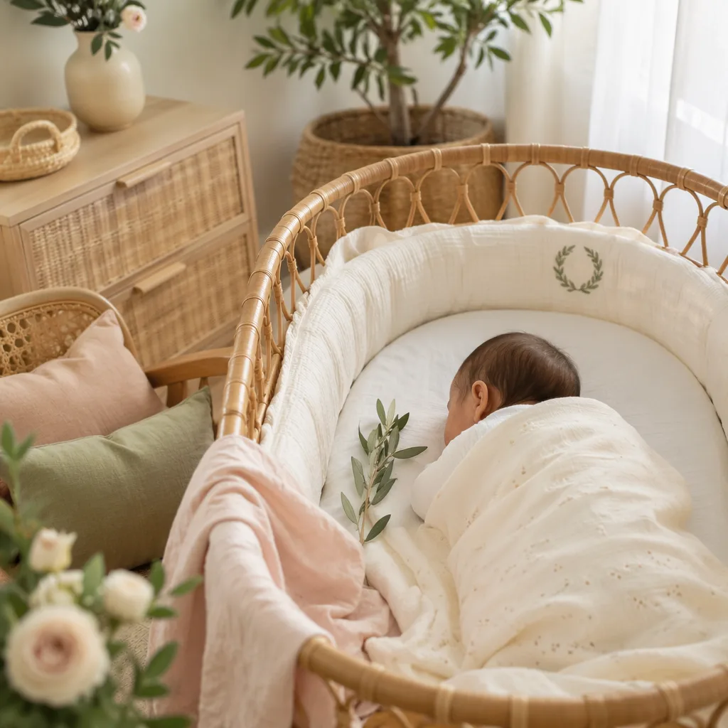 Soft pastel nursery with a sleeping Filipino baby in a rattan bassinet and gentle symbolic details.