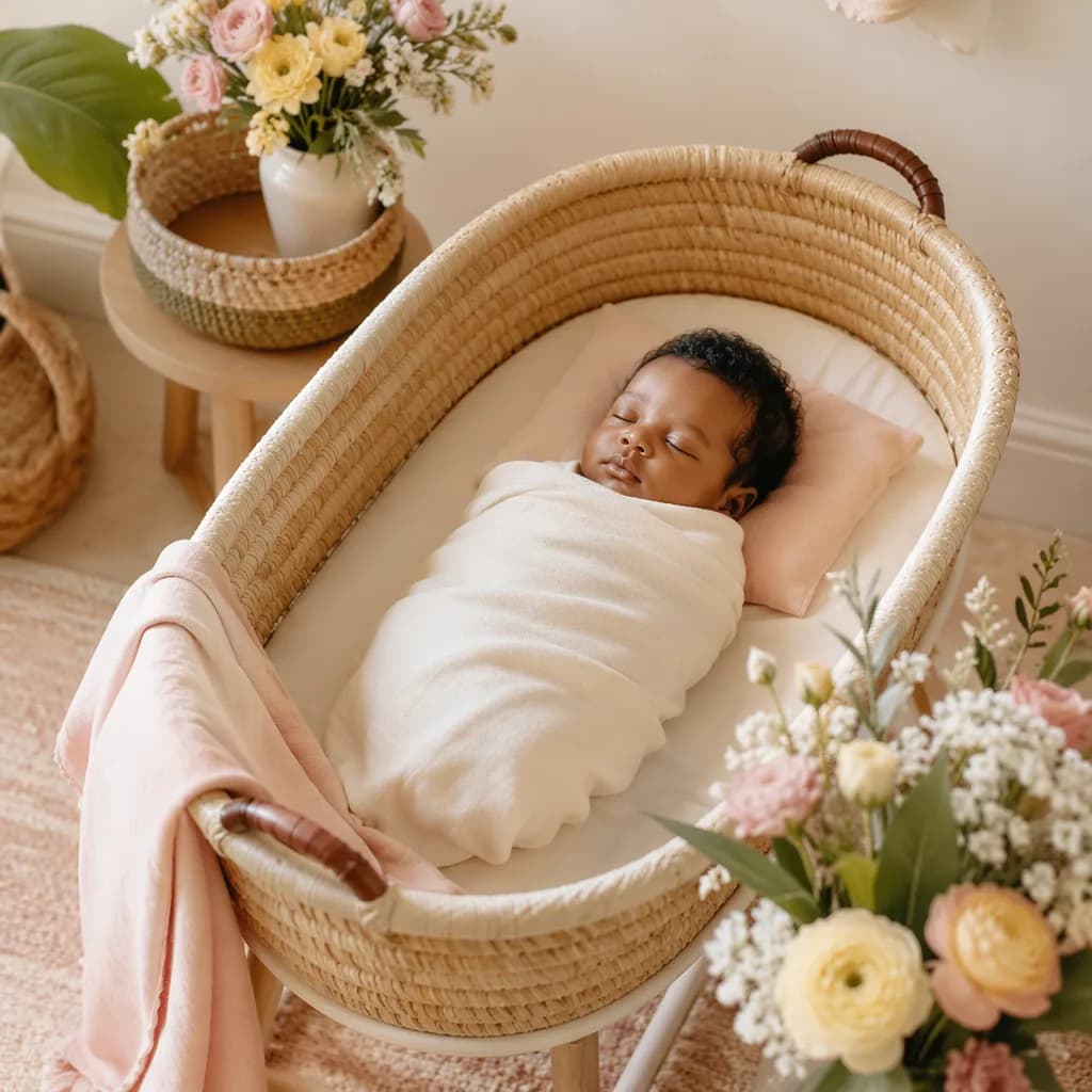 A softly lit nursery scene with a swaddled sleeping baby and pastel flowers.