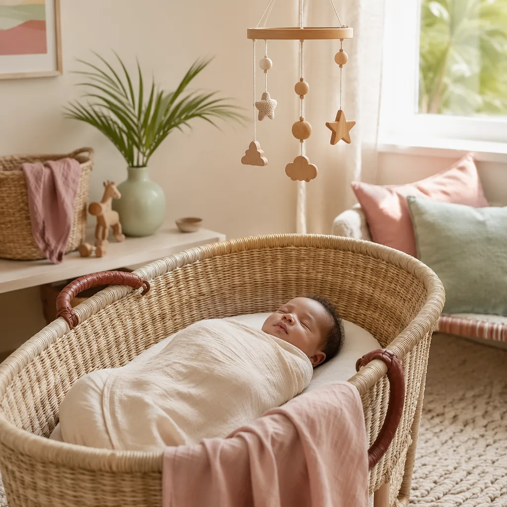 Sleeping swaddled baby in a warm pastel nursery with woven accents.