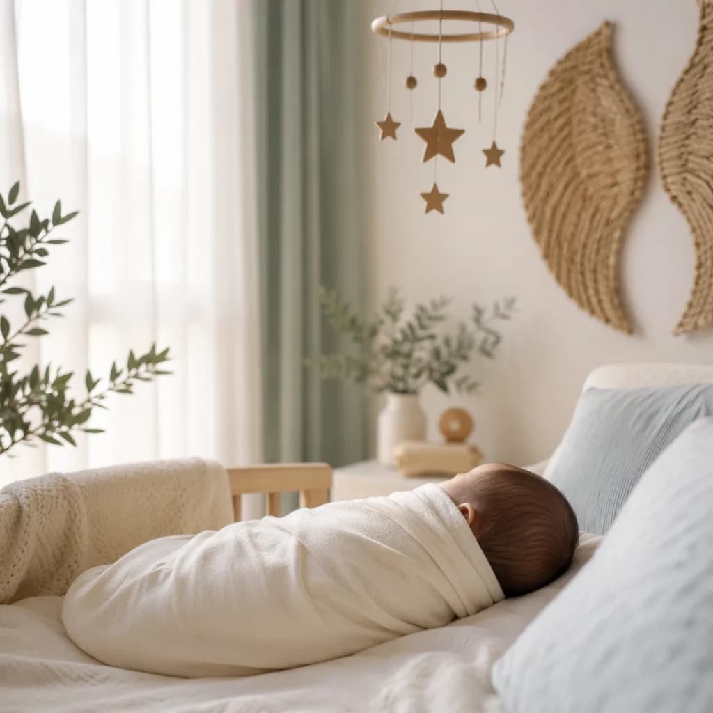 Peaceful swaddled Filipino baby in a soft pastel nursery with gentle angel-inspired decor.