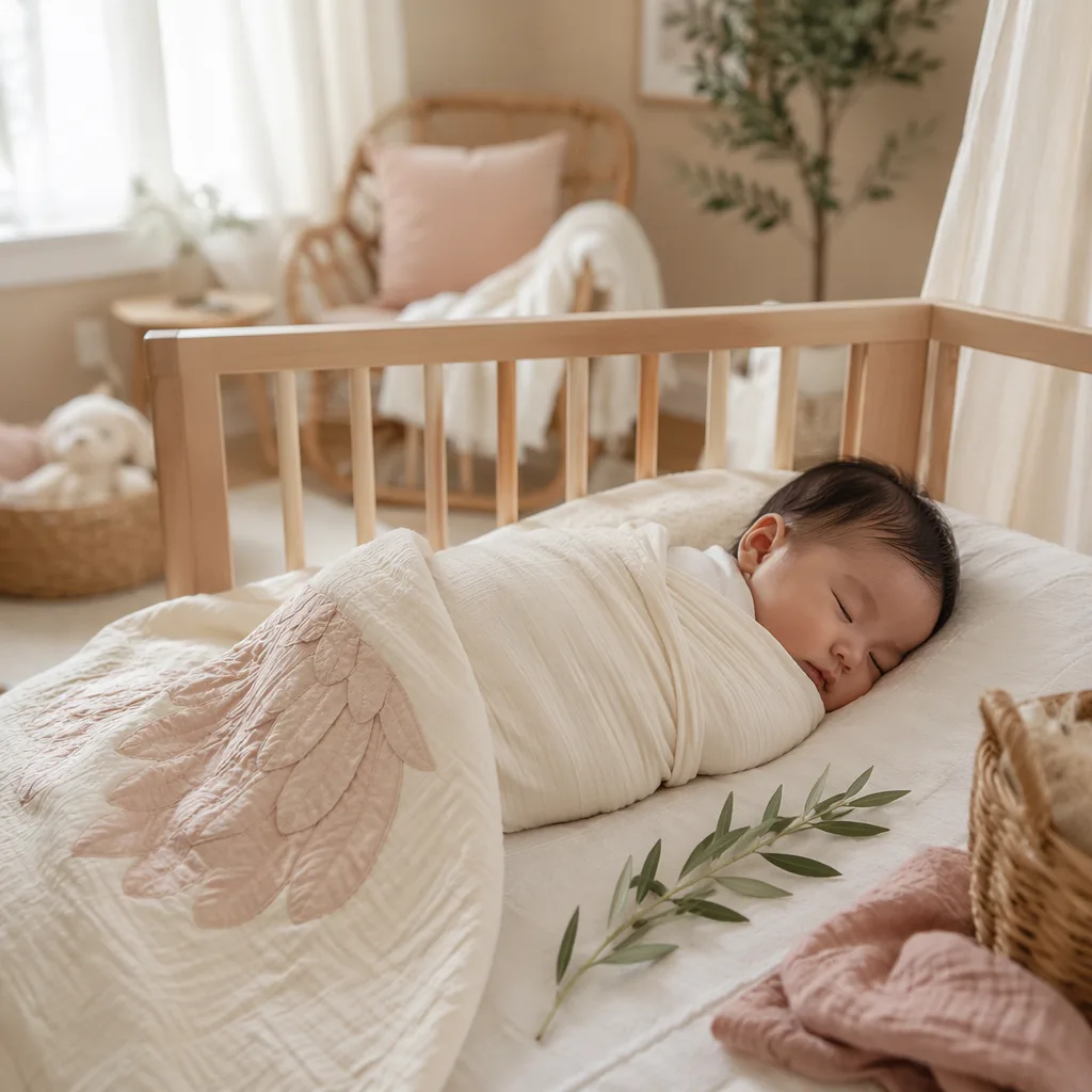 A peaceful Filipino baby in a soft pastel nursery with gentle natural light.