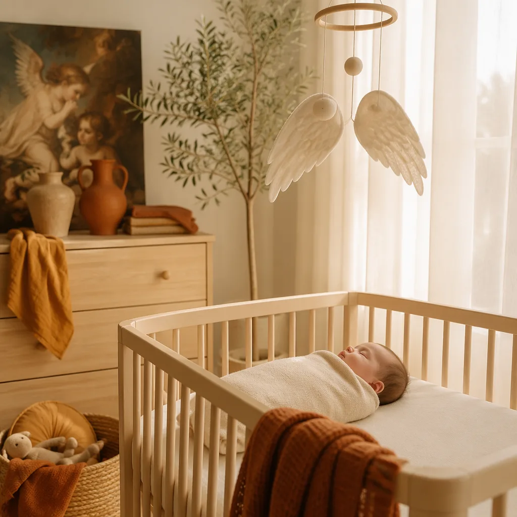 Sleeping baby in a soft Italian-inspired nursery with warm pastel light and gentle angel-themed decor.