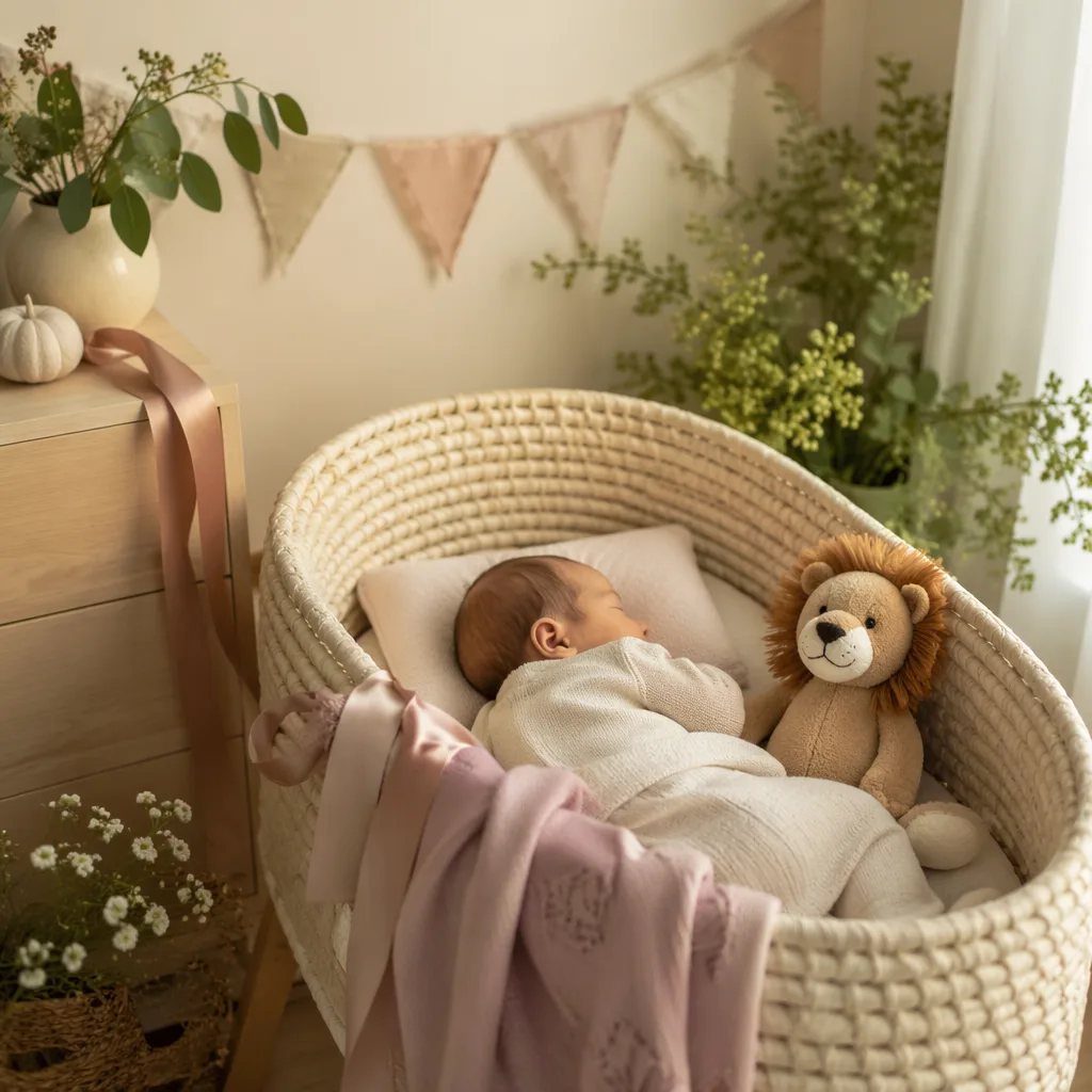 Sleeping baby in a soft pastel nursery with elegant festive details and a plush lion toy.