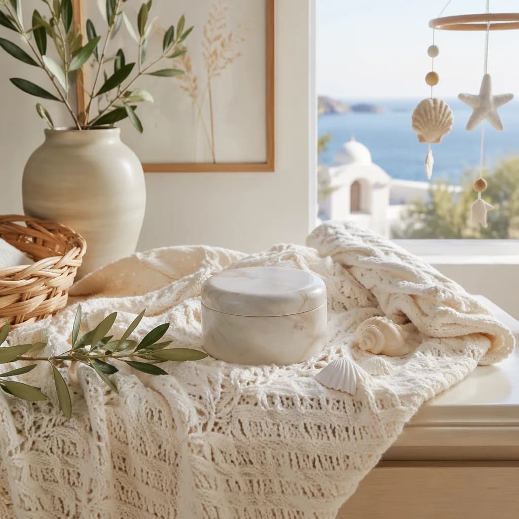 Soft Greek-inspired nursery still-life with cream blanket, white seashells, marble keepsake, and olive branches.