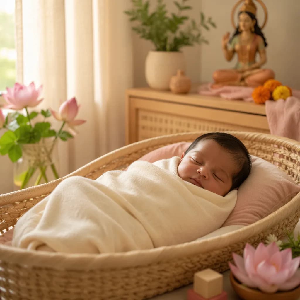 A peaceful swaddled newborn in a soft pastel nursery with lotus flowers and warm natural light.