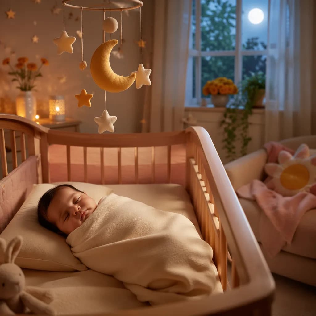 Sleeping baby in a soft pastel nursery with moon-and-star decor and warm gentle light.