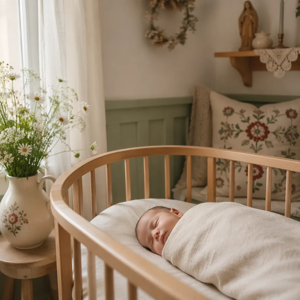 A softly lit Polish-inspired nursery with a swaddled sleeping baby and delicate floral accents.