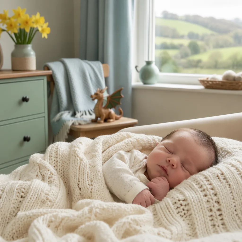Sleeping baby in a cozy Welsh-inspired nursery with soft pastels, daffodils, and gentle natural light.