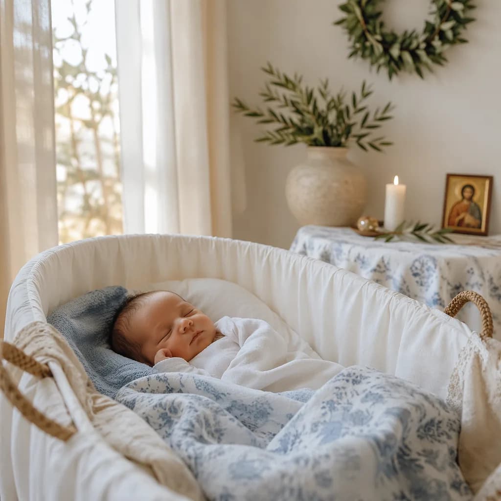 Sleeping newborn in a soft Greek-inspired nursery with olive branch accents.