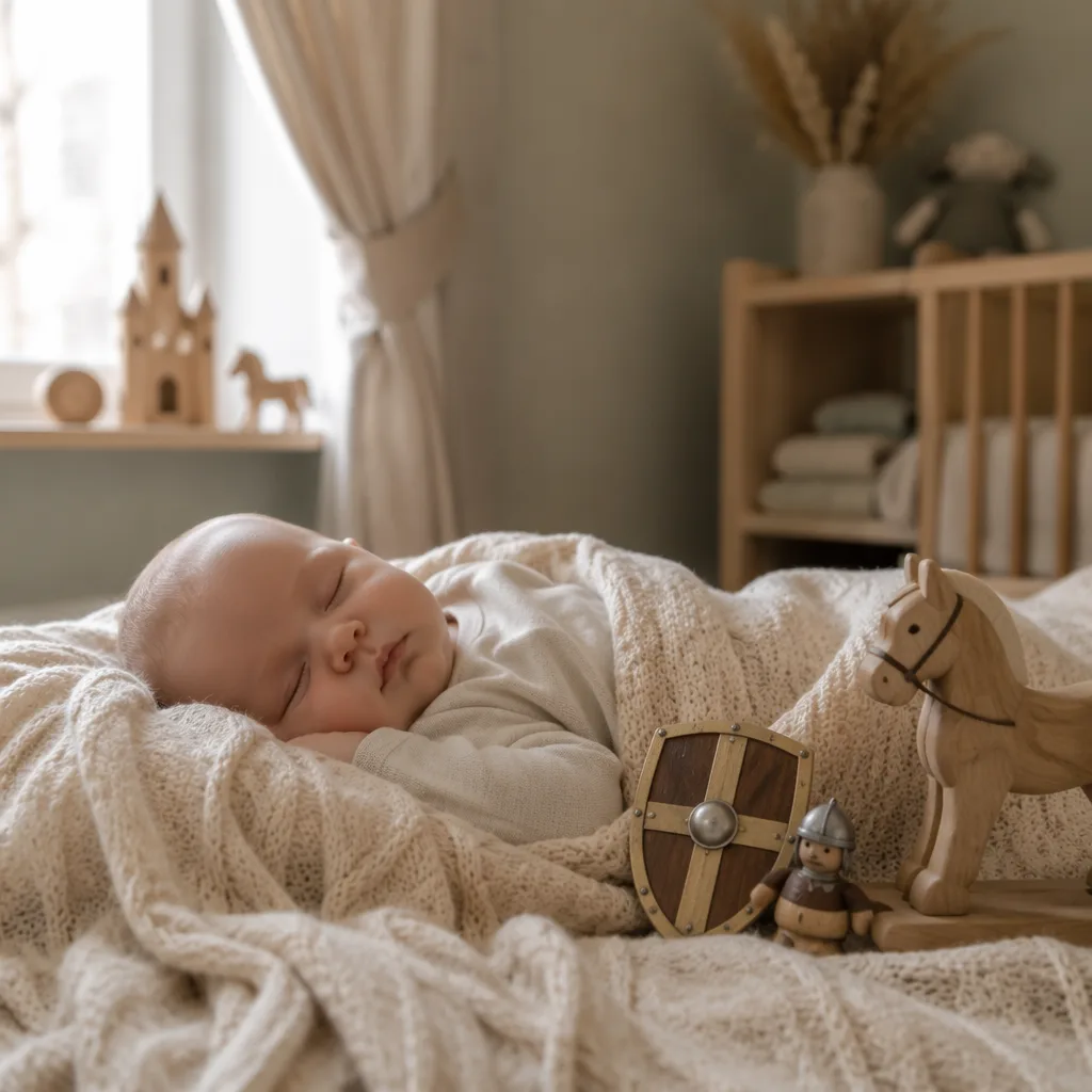 Sleeping baby in a soft pastel German-inspired nursery with wooden toys symbolizing bravery.