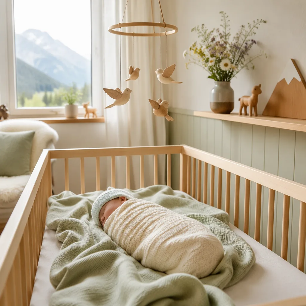 Soft pastel German-inspired nursery with a swaddled sleeping baby and wooden mobile.