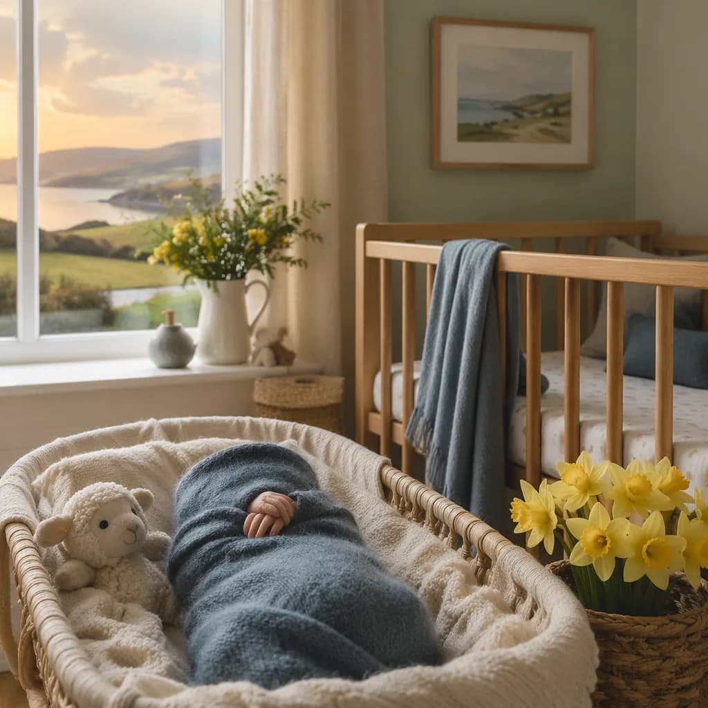 A cozy Welsh-inspired nursery with a swaddled newborn in soft dusky light.