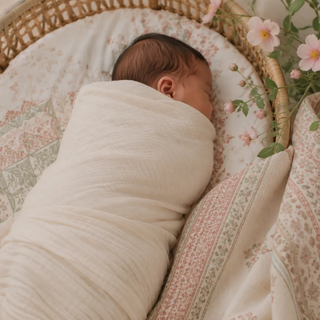 A softly lit nursery scene with a swaddled baby, wild roses, and subtle Levant-inspired textiles.