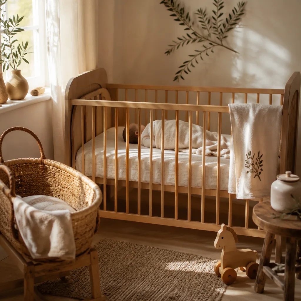 A peaceful Italian-inspired nursery with a sleeping newborn in soft natural light.
