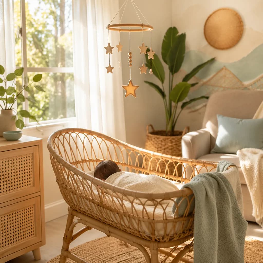 A swaddled baby in a cozy sunlit nursery with soft Indonesian-inspired woven decor.