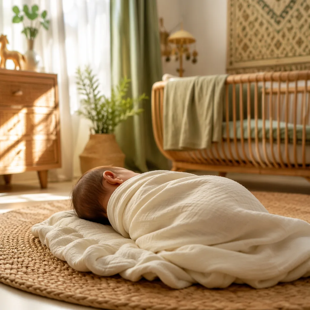 Sleeping Indonesian baby in a warm pastel nursery with soft golden light.