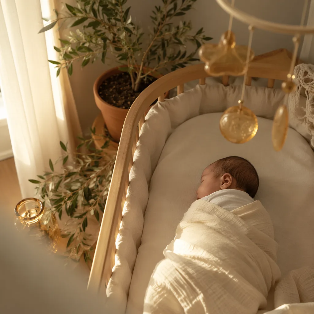 Sleeping swaddled baby in a soft Italian-inspired nursery with olive branches, terracotta, and amber light.
