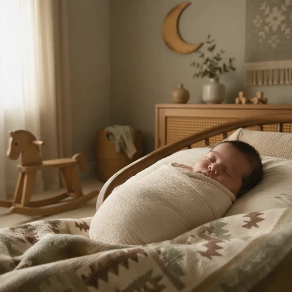 A softly lit modern nursery with a swaddled baby and subtle Turkish-inspired decor.