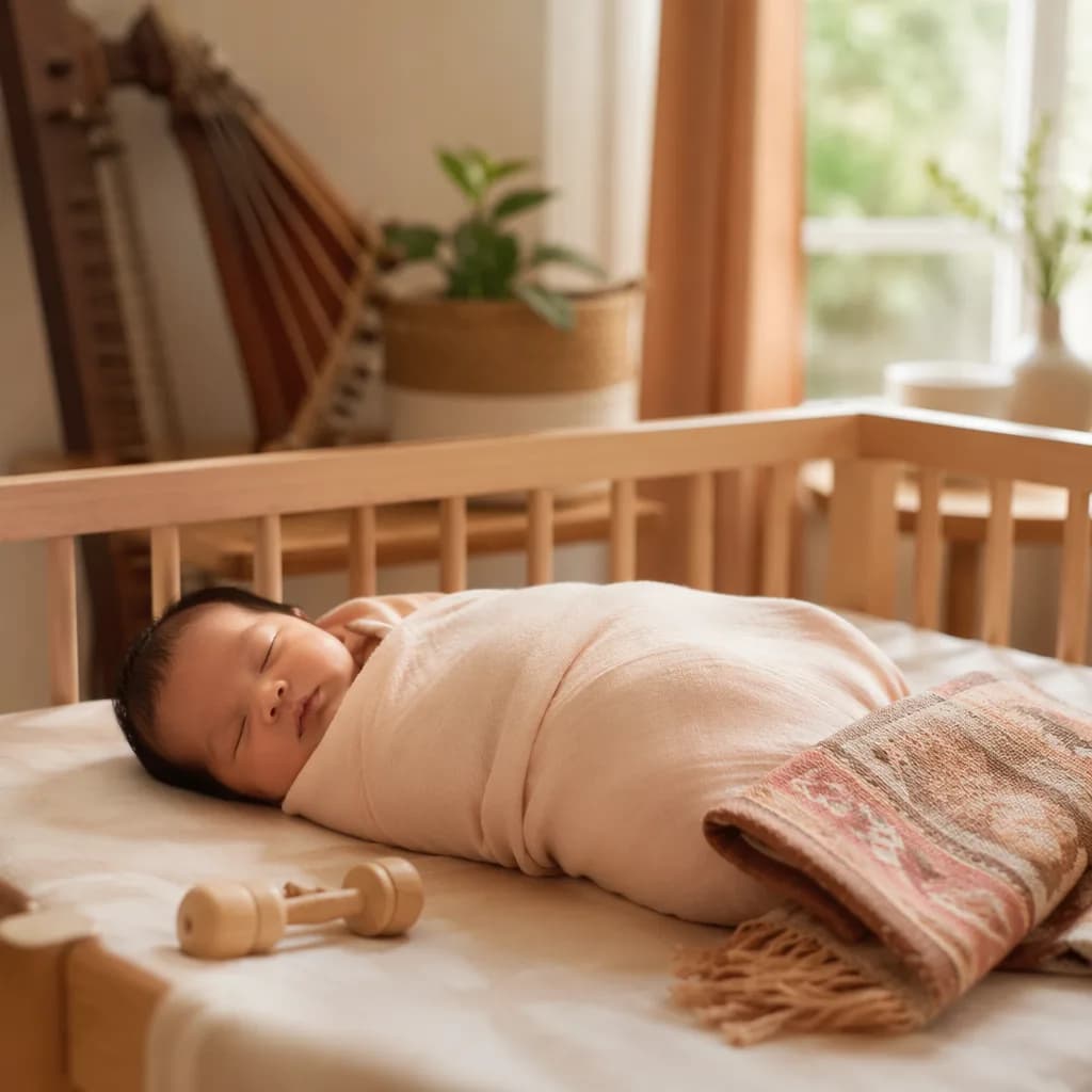 Sleeping Indonesian baby in a soft pastel nursery with gentle musical and woven accents.