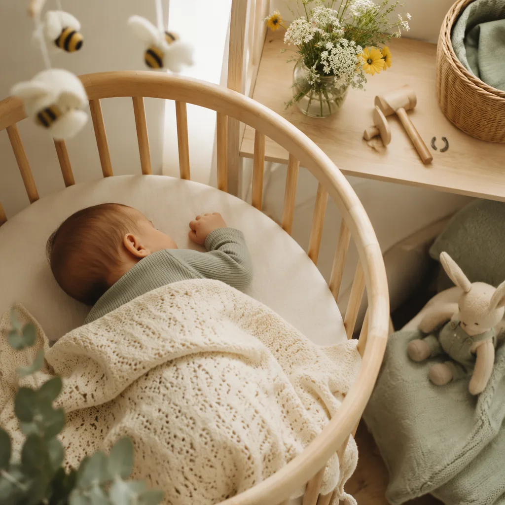 Cozy pastel Irish nursery with a sleeping baby, bee accents, and soft natural light.