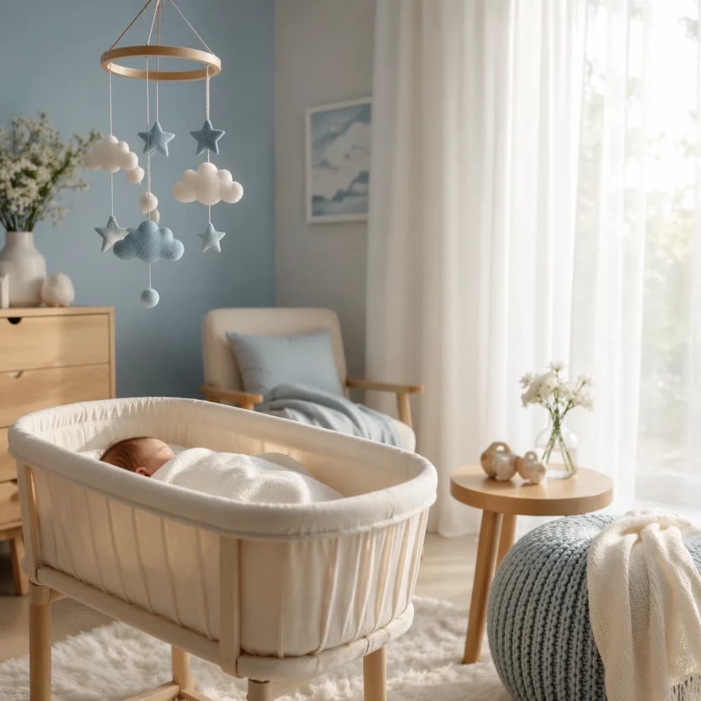 Soft sky-blue nursery with a sleeping baby in a cozy bassinet.