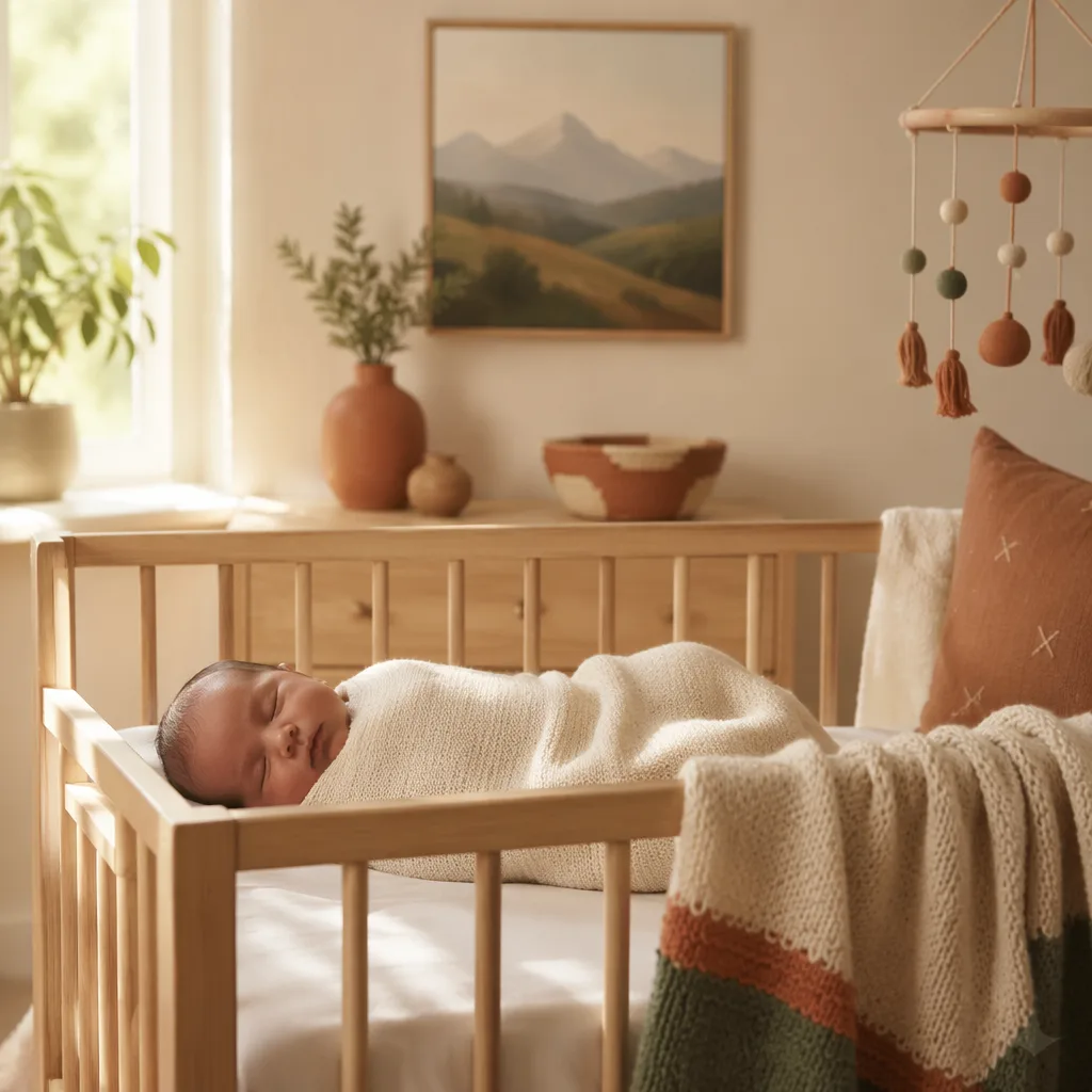 A peaceful Spanish-inspired nursery with a swaddled sleeping baby in soft natural light.