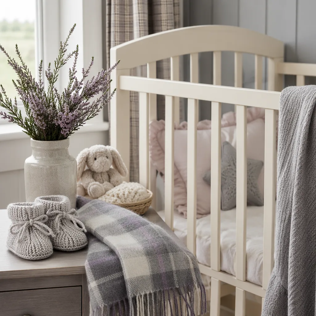 Cozy Scottish-inspired nursery with grey tartan blanket, heather, and baby booties.