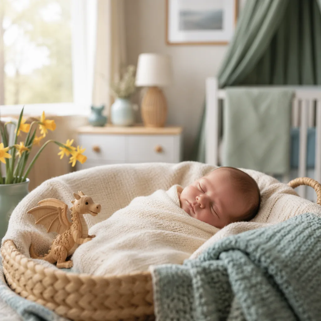Sleeping newborn in a soft Welsh-inspired nursery with pastel accents and a wooden dragon toy