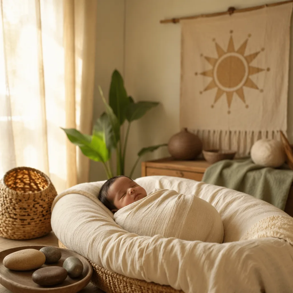 Sleeping baby in a warm pastel nursery with subtle sun and natural Taíno-inspired details.