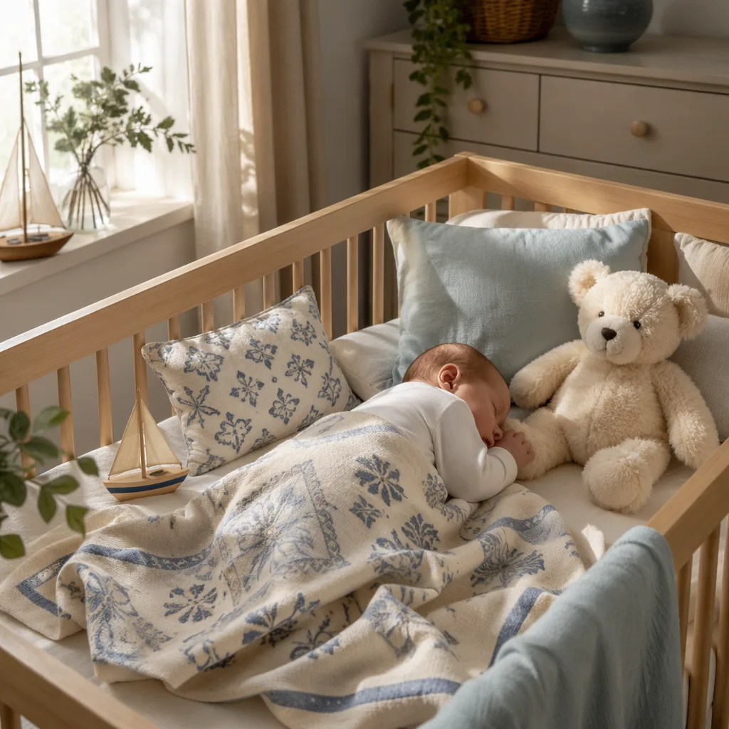A peaceful Portuguese-inspired nursery with a sleeping baby, soft linens, a wooden sailboat toy, and gentle pastel light.