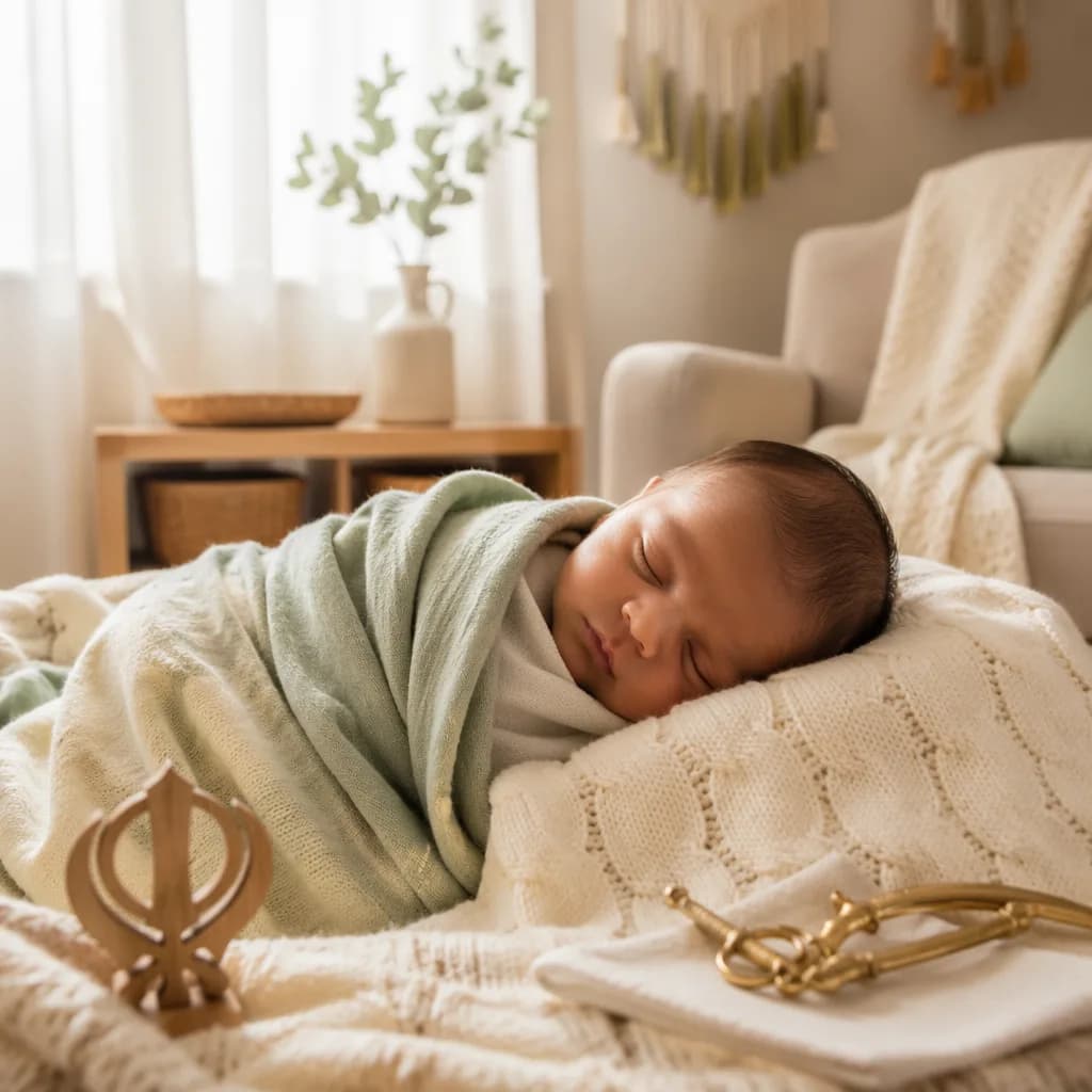 Punjabi newborn sleeping in a soft pastel nursery with gentle cultural accents.