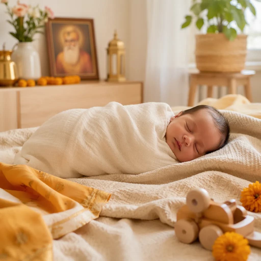 Sleeping Punjabi baby in a warm pastel nursery with soft cultural accents.