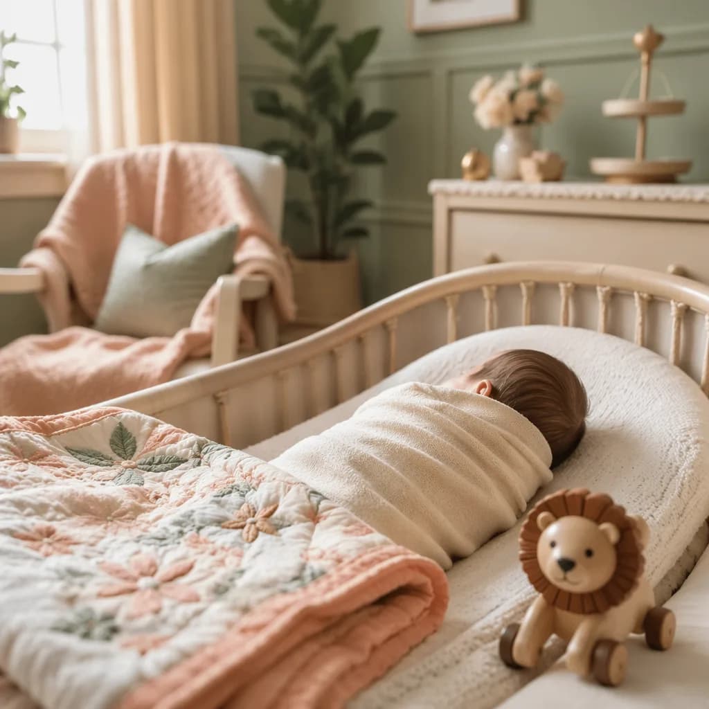 A softly lit Punjabi-inspired nursery with a swaddled baby, pastel quilt, and wooden lion toy.