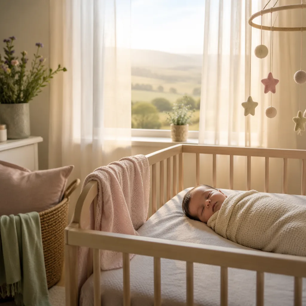 A softly lit nursery at dawn with a sleeping swaddled baby in a cozy crib.