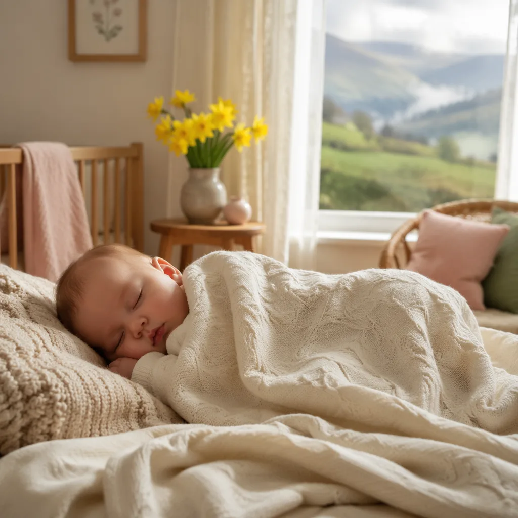 Sleeping baby in a soft Welsh-inspired nursery with daffodils and gentle natural light.