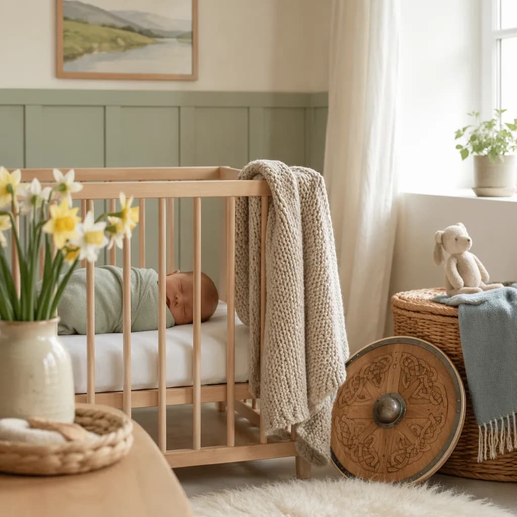 Cozy Welsh-inspired nursery with a sleeping swaddled baby, daffodils, and a small wooden shield.