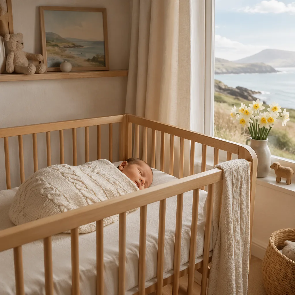 A cozy pastel Welsh nursery with a sleeping baby, daffodils, and soft coastal light.