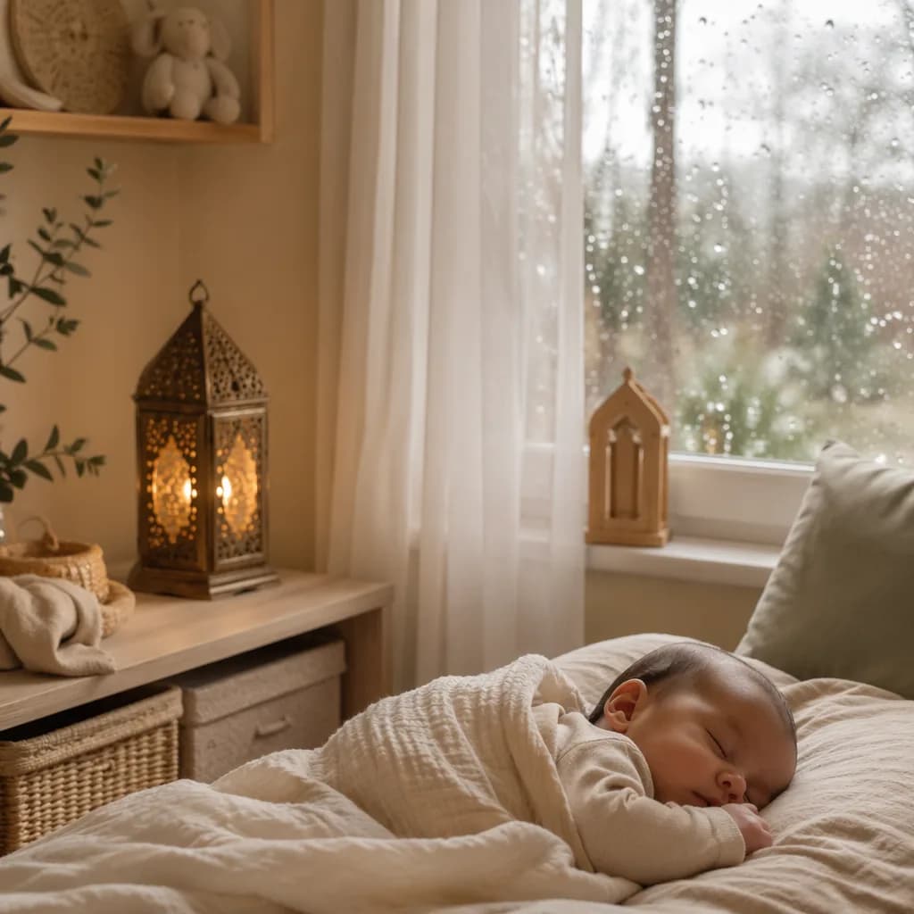 Peaceful Arabic-inspired nursery with a sleeping baby, soft rain, and a warm guiding lantern.