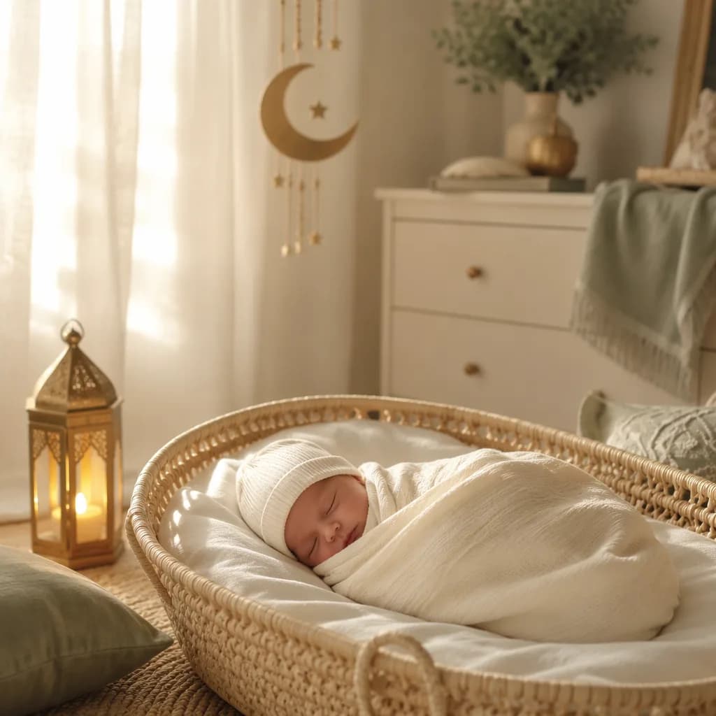 Sleeping baby in a warm Arabic-inspired nursery with a soft lantern glow.