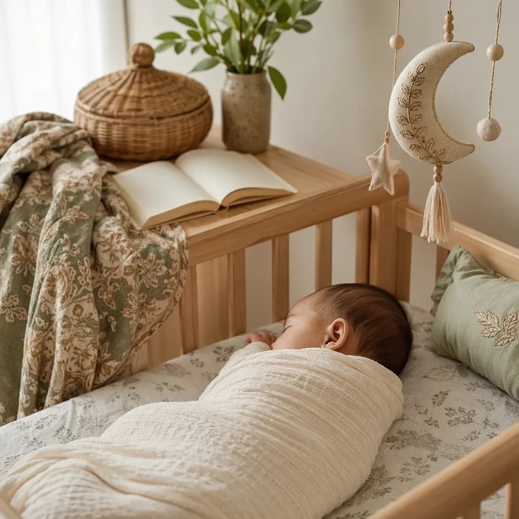 Peaceful Indonesian baby nursery with a swaddled sleeping baby, crescent mobile, and soft batik accents.