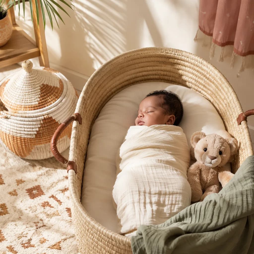 Peaceful pastel nursery with a swaddled sleeping baby and gentle lion cub plush.