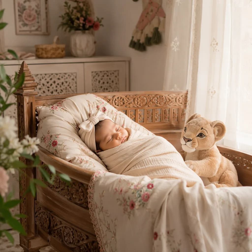 Sleeping baby in a soft pastel Urdu-inspired nursery with a plush lioness toy.