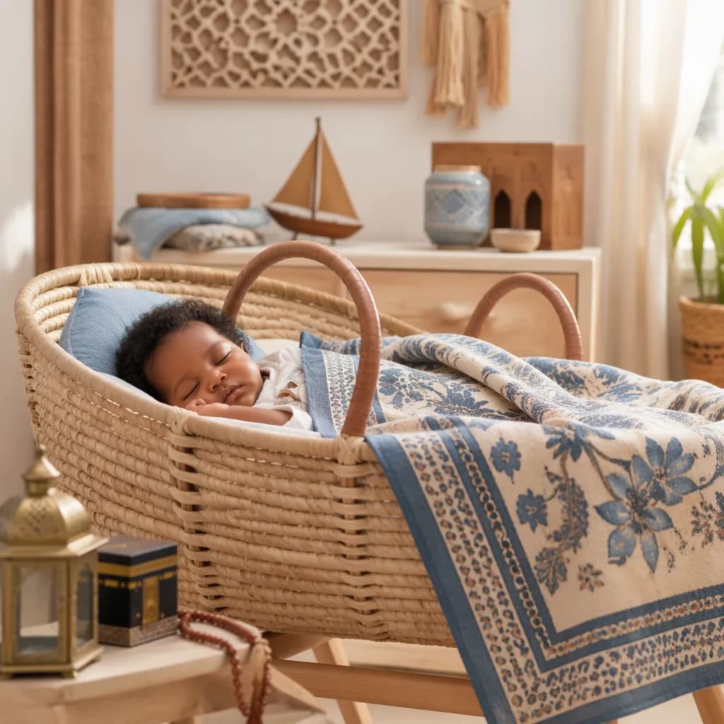 Sleeping baby in a warm Swahili-inspired nursery with soft woven decor.