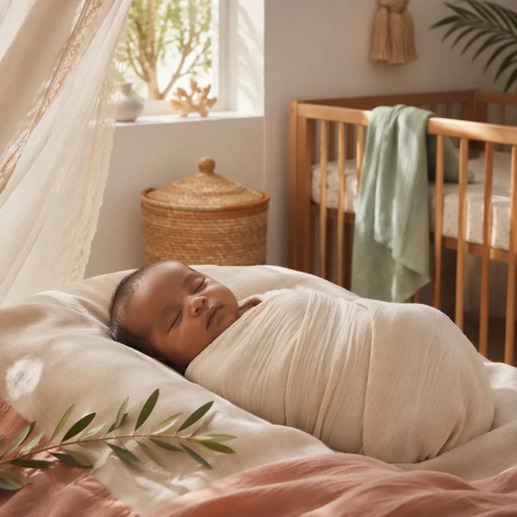 Sleeping swaddled baby in a warm pastel nursery with gentle coastal-inspired decor.