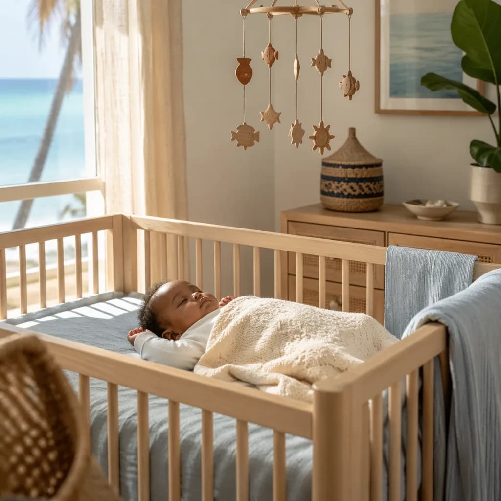 A peaceful baby in a softly lit pastel nursery with coastal Swahili-inspired decor.