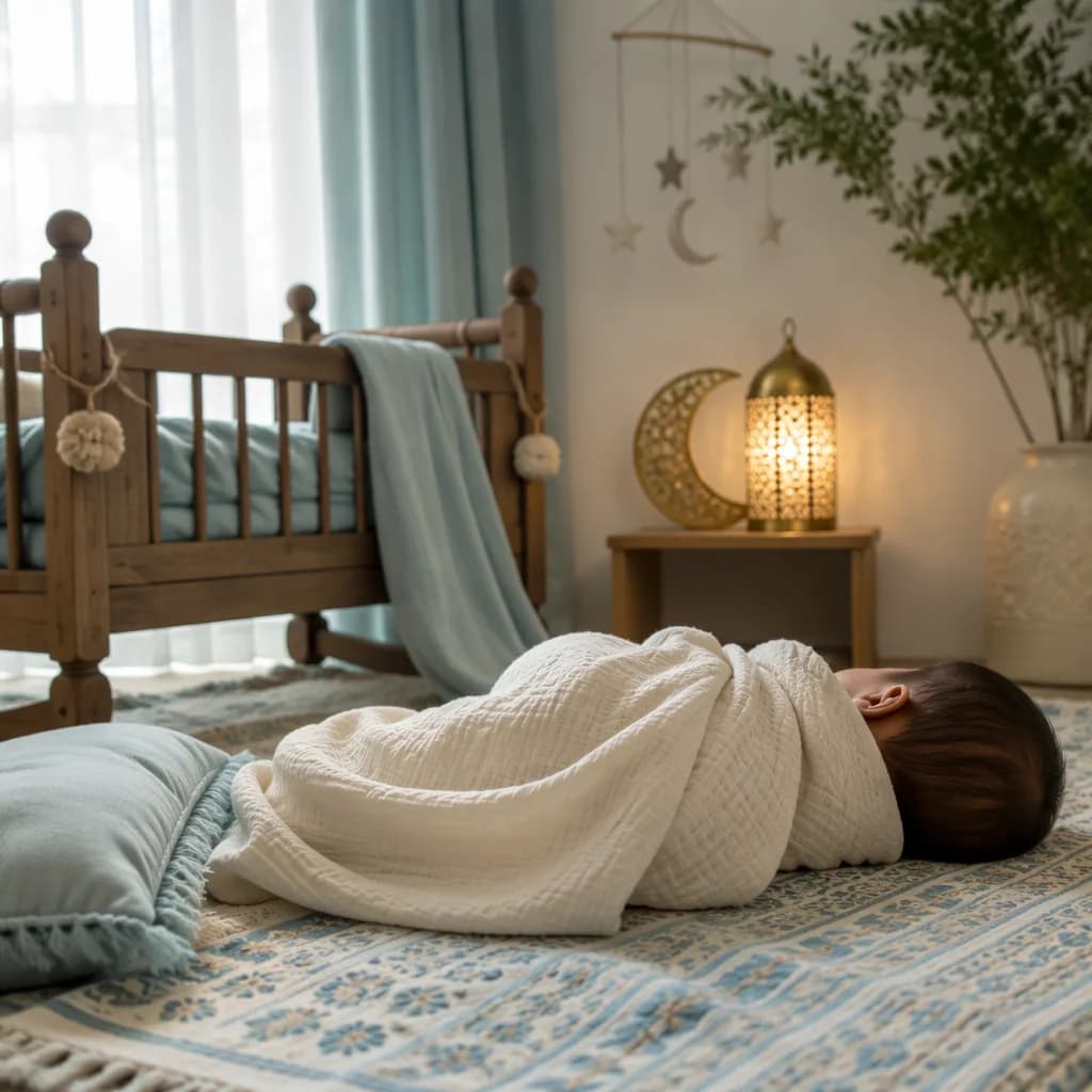 A softly lit cozy nursery with a swaddled newborn and gentle Urdu-inspired decor.