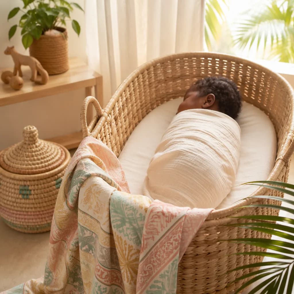 Sleeping newborn in a cozy pastel nursery with Swahili-inspired woven accents.